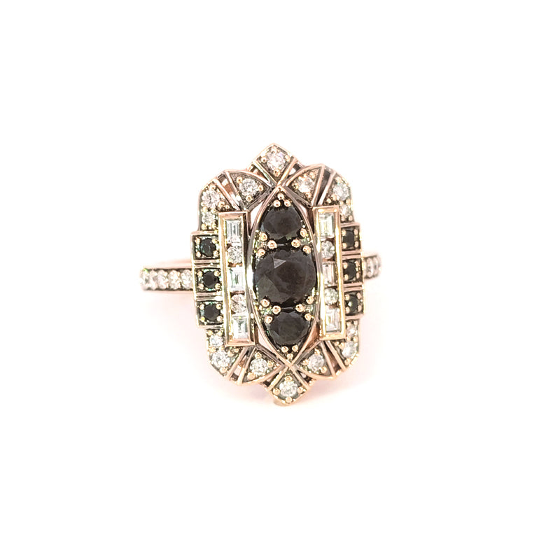 9ct Yellow Gold Black & White Diamond Art-Deco Ring This beautiful ring is a statement piece with more than a carat of diamonds! TDW=1.380cts (Black Diamonds = 0.83cts, White Diamonds = 0.55cts H/VS Diamonds)