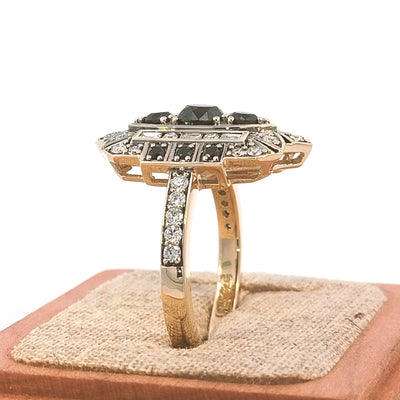 9ct Yellow Gold Black & White Diamond Art-Deco Ring This beautiful ring is a statement piece with more than a carat of diamonds! TDW=1.380cts (Black Diamonds = 0.83cts, White Diamonds = 0.55cts H/VS Diamonds)