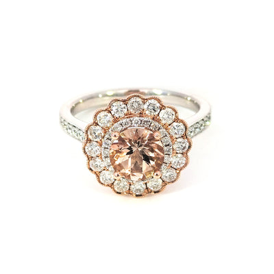 9ct White and Rose Gold, Morganite (1.04ct) and Diamond Scalloped Flower Cluster Ring TDW=1.05ct
