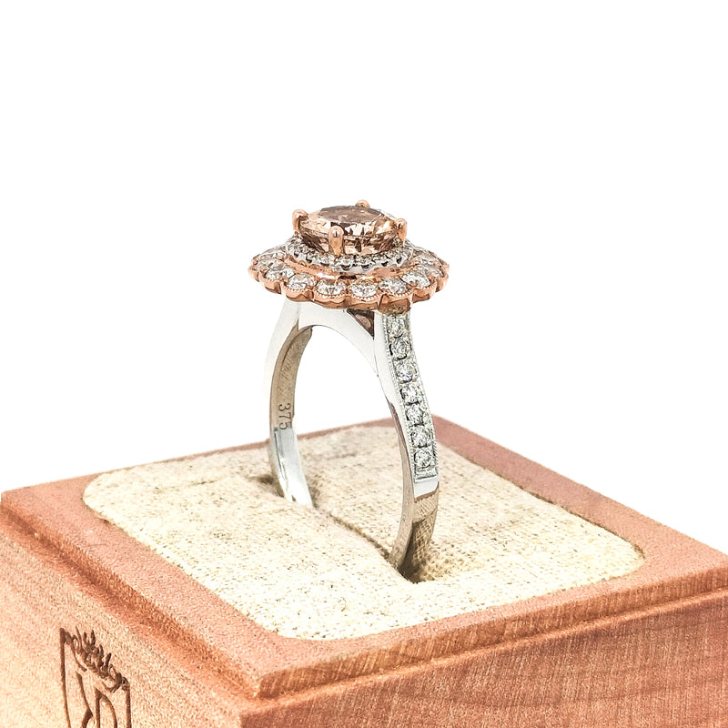 9ct White and Rose Gold, Morganite (1.04ct) and Diamond Cluster Ring TDW=1.05ct