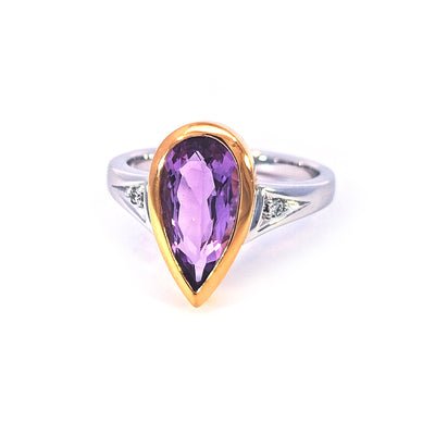 18ct Yellow & White Gold Ring set with Pear Amethyst & Diamonds TDW=0.03ct G/Si