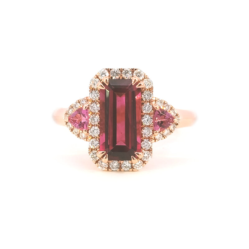 18ct Red Gold Pink Tourmaline,Topaz and Diamond Ring