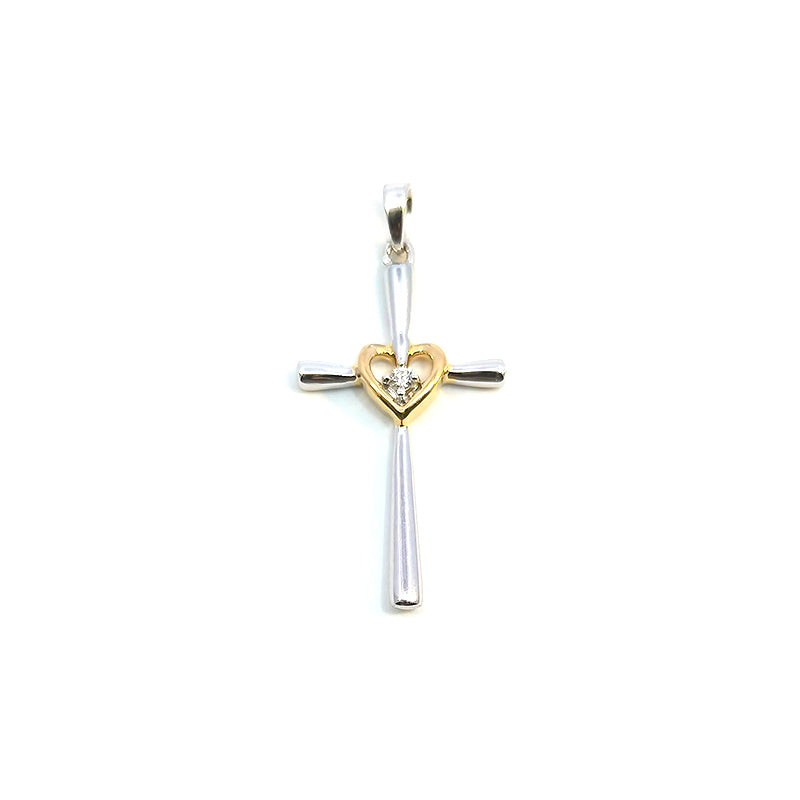 9ct Two-Tone Diamond-set Cross Pendant with Heart