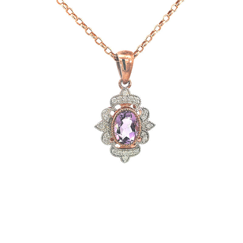 9ct Rose Gold Amethyst + Diamond Filigree Pendant Only TDW= 0.11cts G-H/I2 Chains available separately.