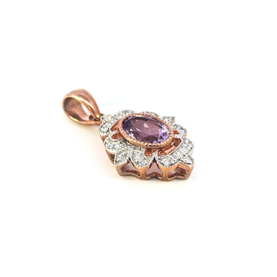 9ct Rose Gold Amethyst + Diamond Filigree Pendant Only TDW= 0.11cts G-H/I2 Chains available separately.