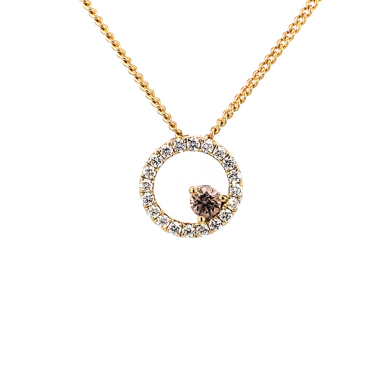 AUSTRALIAN CHOCOLATE DIAMOND 9ct Yellow Gold Circle Slider Pendant Only TDW= 0.35cts Chocolate Diamond C5-7 = 0.15cts G-H/Si Diamonds = 0.20cts Chains available separately.