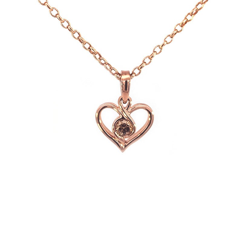 AUSTRALIAN CHOCOLATE DIAMOND 9ct Rose Gold Infinity Heart Pendant Only C5-6 Diamond = 0.10cts Chains available separately.