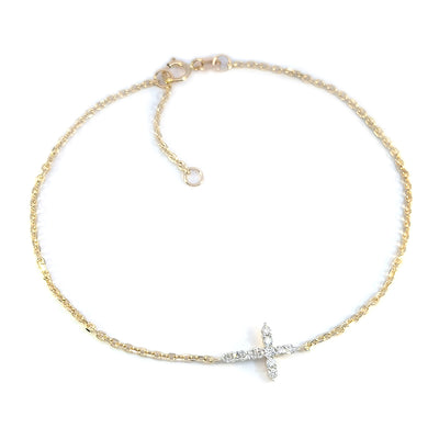 9ct Yellow Gold Diamond Cross 19cm Bracelet TDW= 11 x Round Brilliant Cut Diamonds totalling 0.15cts 17cm in Length plus 2cm Extension