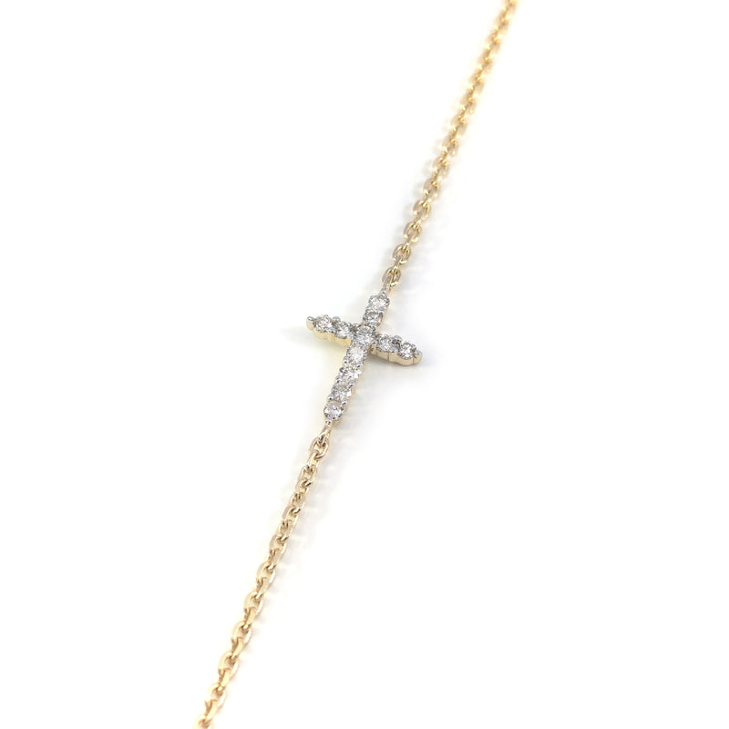 9ct Yellow Gold Diamond Cross 19cm Bracelet TDW= 11 x Round Brilliant Cut Diamonds totalling 0.15cts 17cm in Length plus 2cm Extension