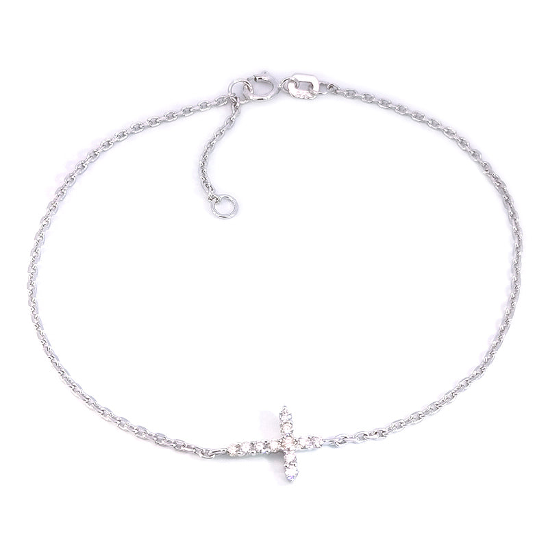 9ct White Gold Diamond-set Cross 19cm Bracelet TDW= 11 x Round Brilliant Cut Diamonds totalling 0.15cts 17cm in Length plus 2cm Extension