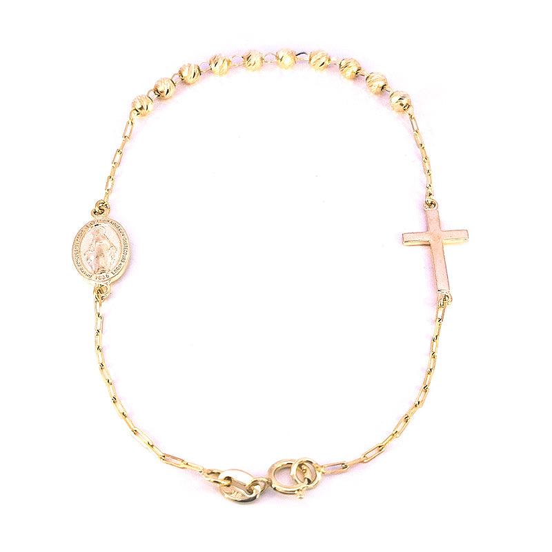 9ct Yellow Gold Rosary Bracelet with 3mm Beads plus Madonna and Cross Length:19cm Weight: 2.18g