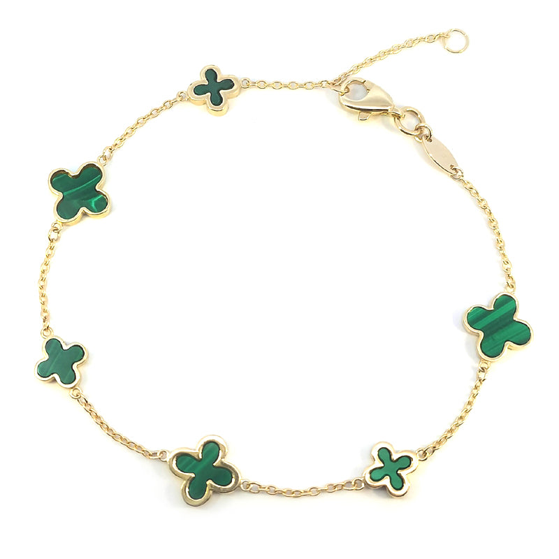 Bracciale in oro giallo 9 carati con 4 petali in malachite