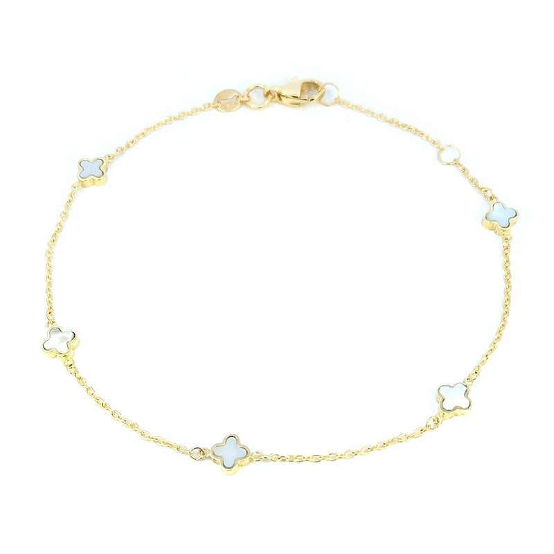 9ct Yellow Gold Mother of Pearl 4 Petal Flower Bracelet