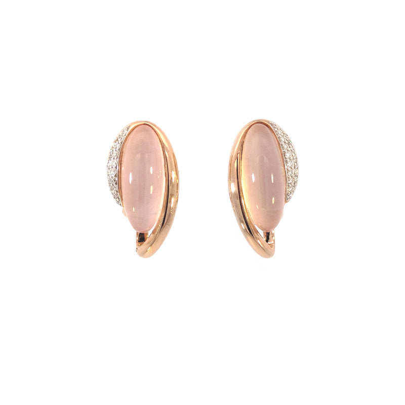 9ct Rose Gold Earrings with Rose Quartz and enhanced with 2 rows of Diamonds, and easy to use Leverbacks. TDW=0.183ct G/Si