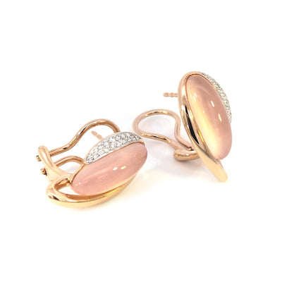 9ct Rose Gold Earrings with Rose Quartz and enhanced with 2 rows of Diamonds, and easy to use Leverbacks. TDW=0.183ct G/Si