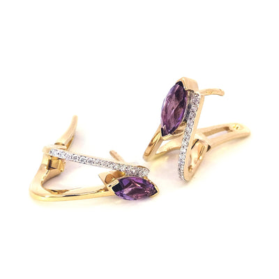 9ct Yellow Gold Leverback Earrings with Amethyst and Diamonds TDW=0.15ct H/Si