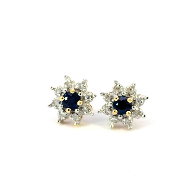 9ct Yellow & White Gold Sapphire & Diamond Cluster Stud Earrings