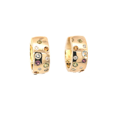 9ct Yellow Gold Multi-stone Hinged Huggie Earrings Set with Peridot & Diamonds