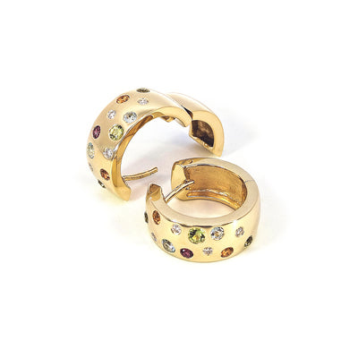 9ct Yellow Gold Multi-stone Hinged Huggie Earrings Set with Peridot & Diamonds