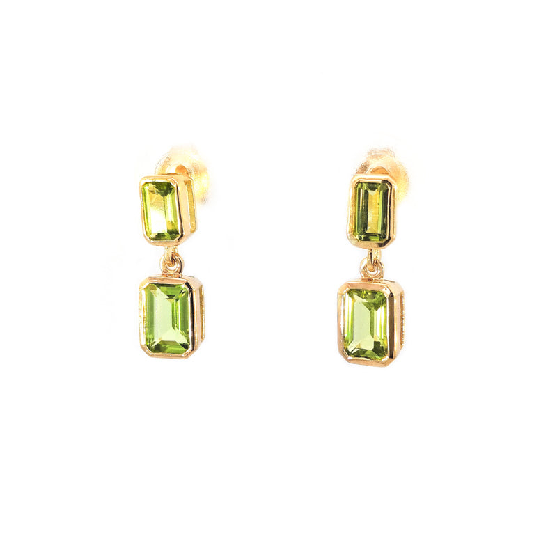 9ct Yellow Gold Bezel-set Emerald Cut Peridot Drop Earrings