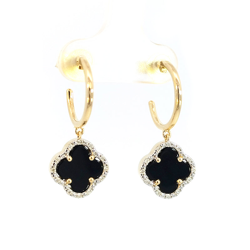 9ct Yellow Gold Huggies With 4 x Petal Onyx & Diamonds