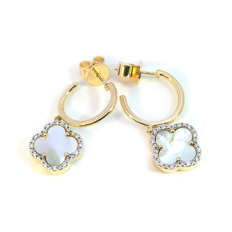 9ct Yellow Gold Huggies with 4 x Petal Mother-of-Pearl & Diamonds