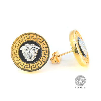 Boucles d'oreilles à tige en or jaune 9 carats et émail noir Medusa de Versace