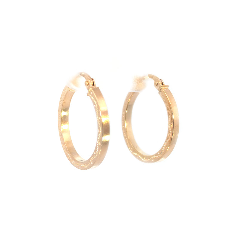9ct Yellow Gold 19mm Square Edged Patterned Hoop Earrings 2mm wide, 1.29g Made in Italy