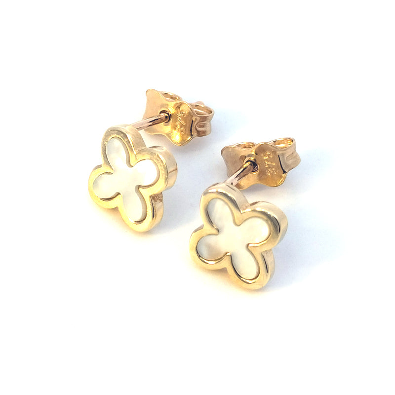 9ct Yellow Gold Mother of Pearl 4 Petal Stud Earrings