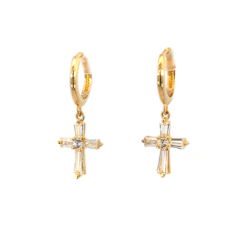 9ct Yellow Gold Hoop Earrings with CZ-set Cross