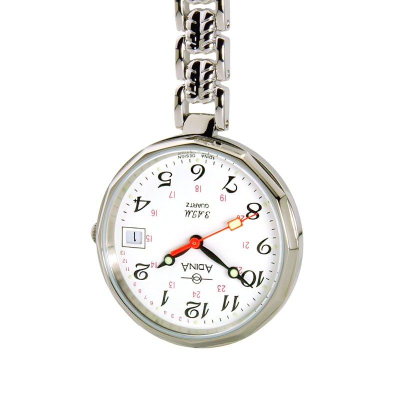 Adina Nurses Water Resistant Stainless Steel Fob Watch with White Face (24hr)