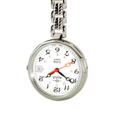 Adina Nurses Water Resistant Stainless Steel Fob Watch with White Face (24hr)