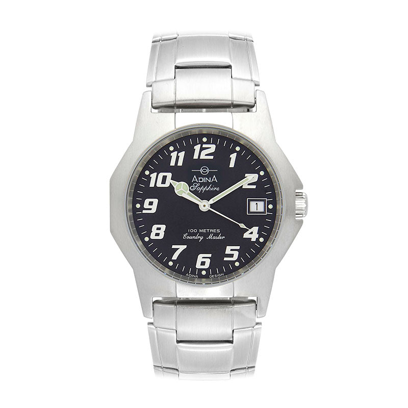 Adina Gents 100m Country Master Stainless Steel Watch with Black Dial
