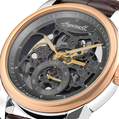 Ingersoll The Baldwin Automatic Rose Gold Skeleton Watch with Brown Strap