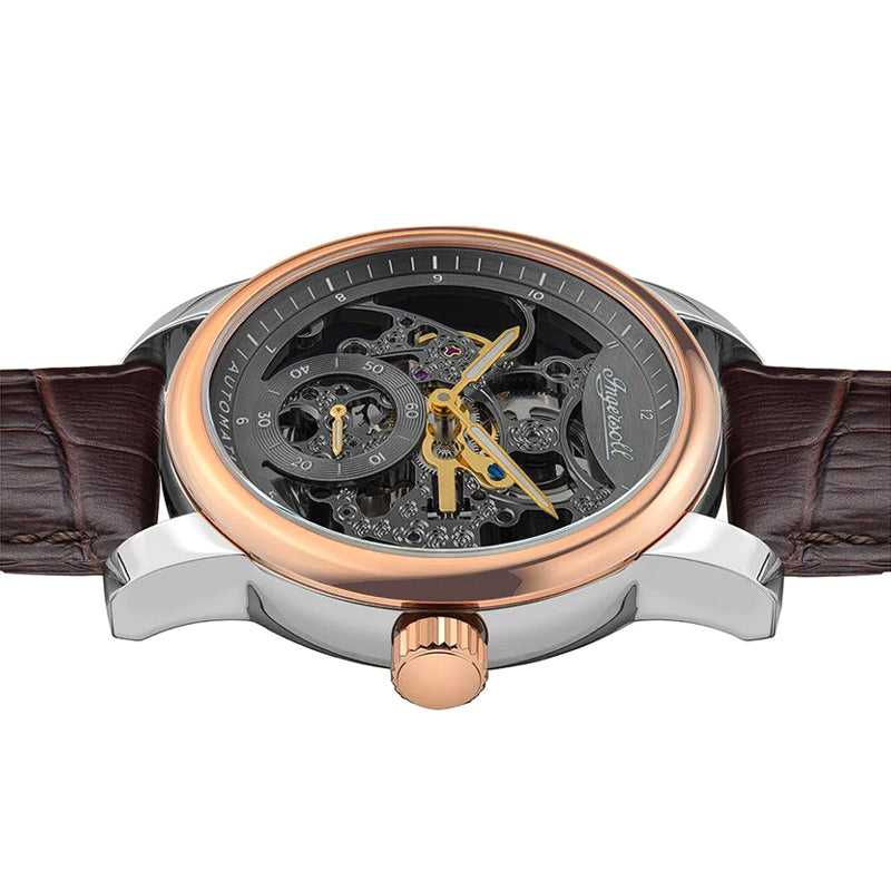 Ingersoll The Baldwin Automatic Rose Gold Skeleton Watch with Brown Strap