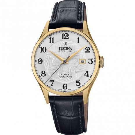 FESTINA SWISS 40mm Black Leather Strap Silver Dial RG 100M