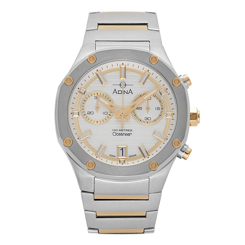 Adina Oceaneer Chronograph Watch RW20 T1XB with its robust cold stamped, nickel-free, all stainless steel case and solid block link two-tone (gold-plated & stainless steel) bracelet with one-touch buckle, is 10ATM (up to 100 meters) water resistant—designed for everyday use including swimming and showering. It has Swiss made Ronda chronograph Z50 movement with Date function and precise and reliable timing functions, and the chronograph feature displayed with accuracy and readability.