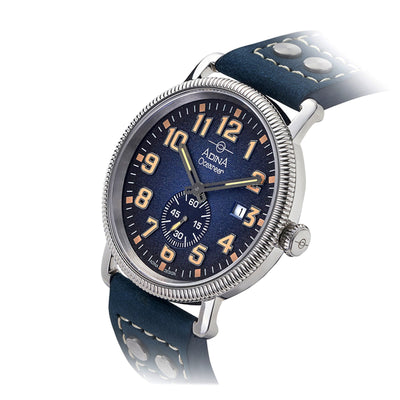 The Adina Oceaneer Pilots Watch RW18 S6FS is a modern incarnation of the iconic WWII pilot’s watch. The meticulously crafted 43mm timepiece pays homage to the heritageThe bold, blue background dial features clear, full-figure, sandblasted numbers, as a thoughtful nod to history that harks back to the cockpit instruments of WWII aircraft, and are accented with Super-LumiNova for enhanced visibility in low-light conditions. The watch up to 100 meters water resistant—designed for everyday use