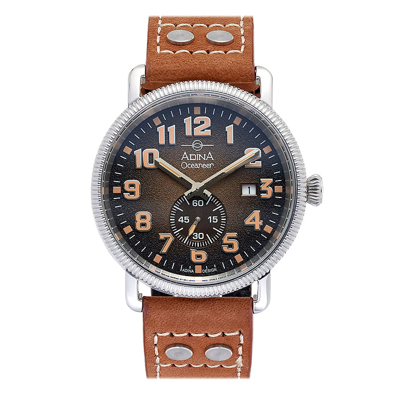 The Adina Oceaneer Pilots Watch RW18 SBFS is a modern incarnation of the iconic WWII pilot’s watch. The brown background dial features clear, full-figure, sandblasted numbers, as a thoughtful nod to history that harks back to the cockpit instruments of WWIIThe watch isup to 100 meterswater resistant—designed for everyday use .