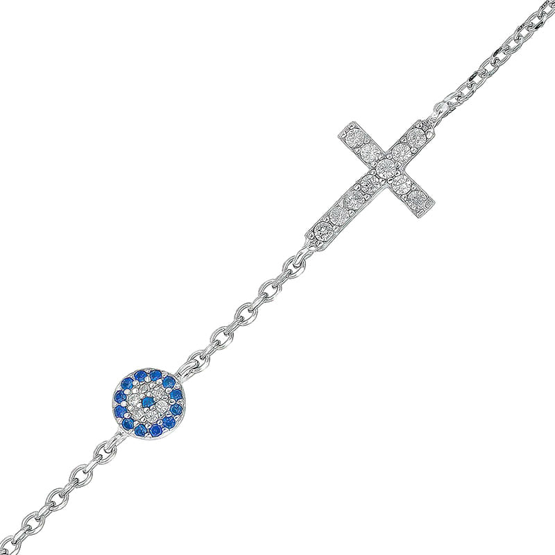 Sterling Silver CZ-set Cross & Evil Eye Bracelet