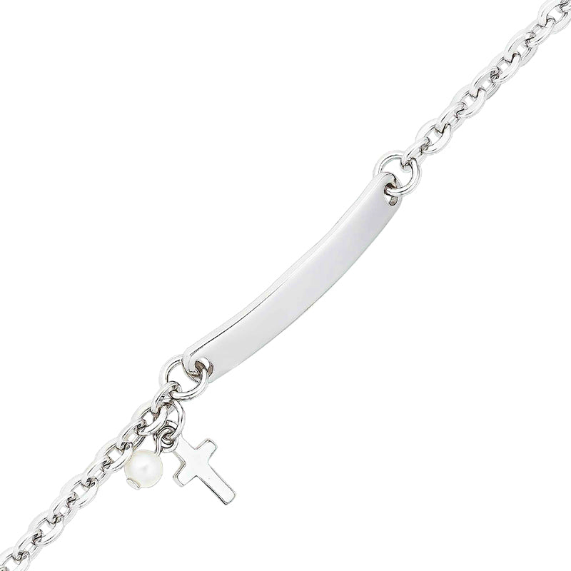 Sterling Silver 15cm ID Bracelet with Cross & Seed Pearl