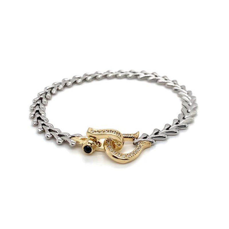 Sterling Silver Pave CZ-set Gold-plated Horseshoe and Leaf Bracelet