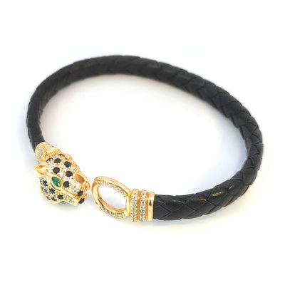 Bracciale in pelle intrecciata ITALIANO con testa di leopardo placcata in oro