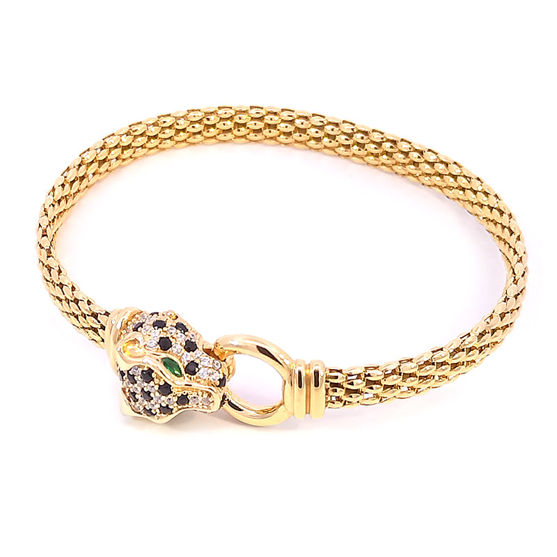 Sterling Silver Gold-Plated CZ-set Leopard Head Popcorn Bracelet