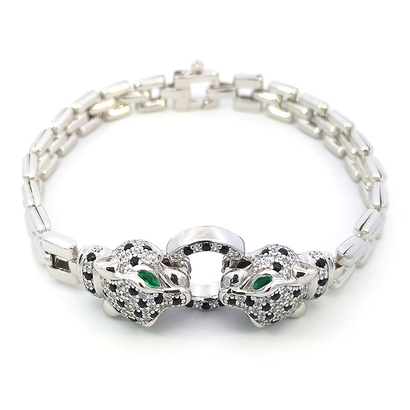 Sterling Silver 'Watchband' Bracelet with Two CZ-set Leopard Heads