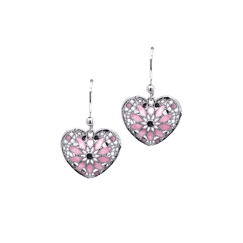 Sterling Silver Pink Enamelled Facetted Heart Earrings
