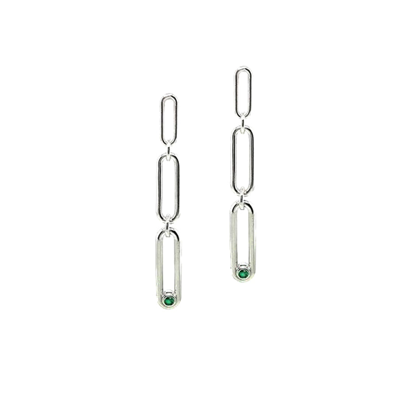 Sterling Silver Green CZ-set Paper Link Stud Earrings