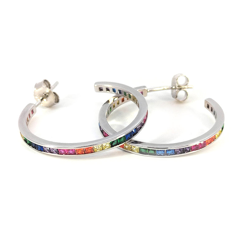 Sterling Silver Semi-Hoops channel-set with Rainbow-coloured CZ's