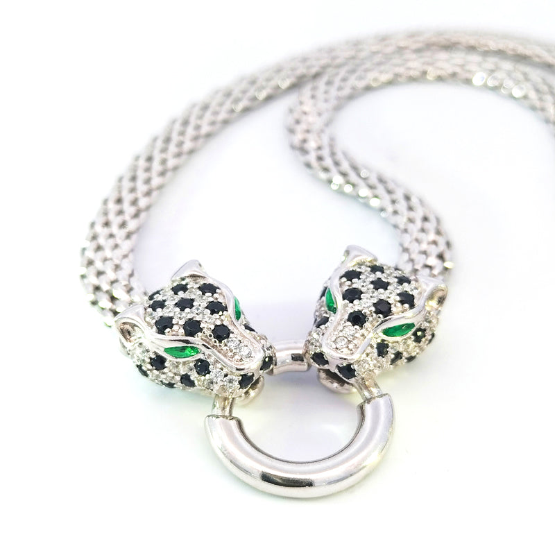 Collana in argento sterling con popcorn e teste di leopardo