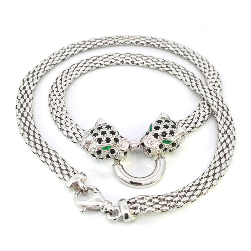 Collana in argento sterling con popcorn e teste di leopardo